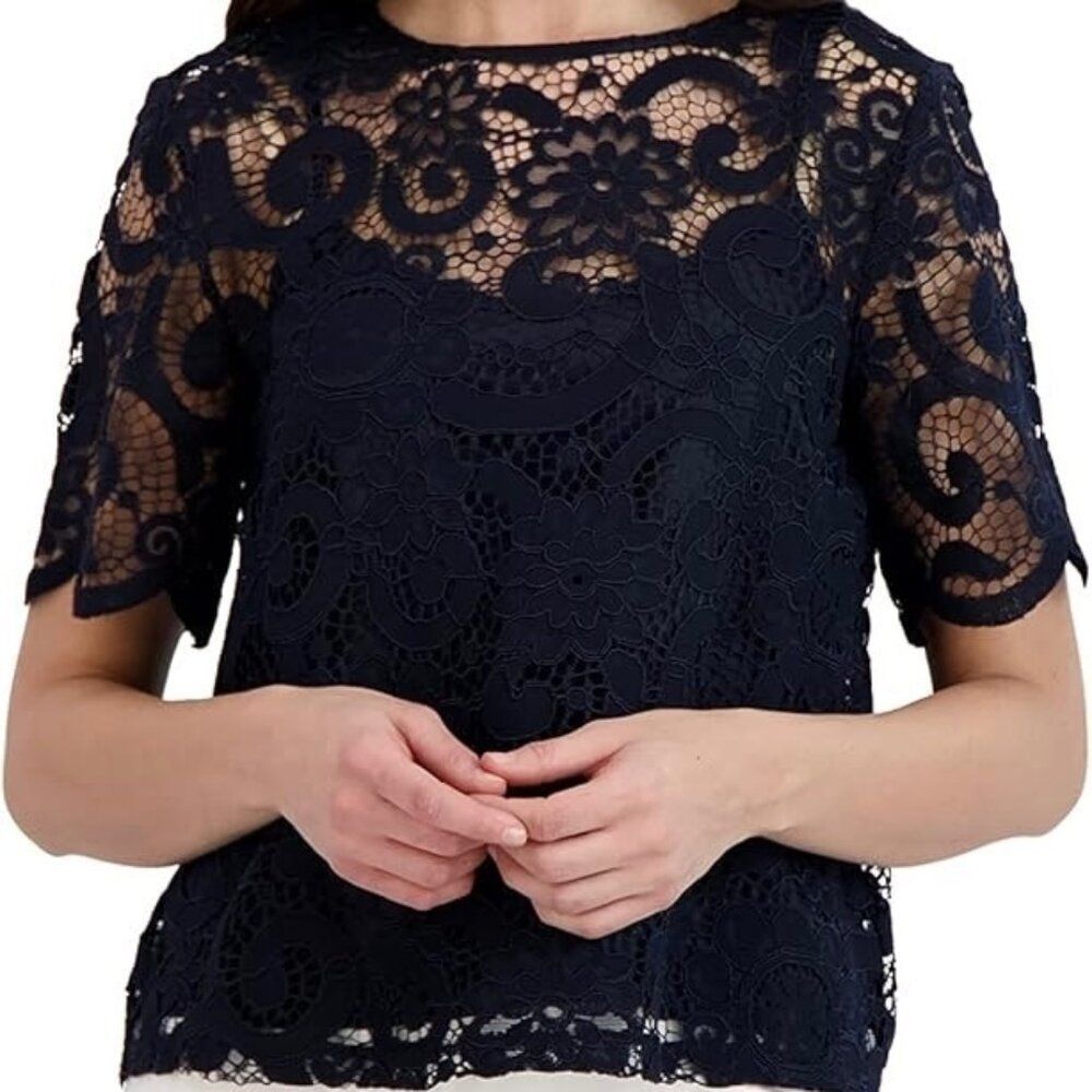 Nanette Lepore Navy Blue Lace Overlay Short Sleeve Top Large